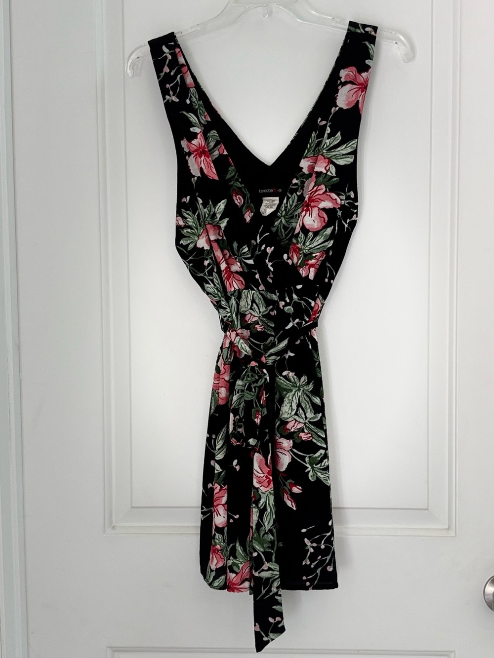 Teeze Me Black Sleeveless Mini Dress with Pink Floral Print Tie Waist